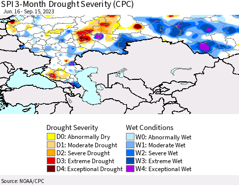 Russian Federation SPI 3-Month Drought Severity (CPC) Thematic Map For 6/16/2023 - 9/15/2023