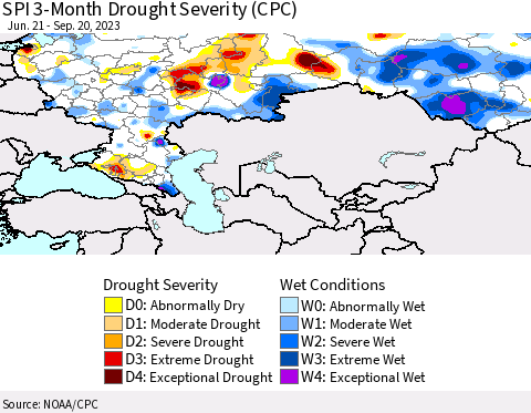 Russian Federation SPI 3-Month Drought Severity (CPC) Thematic Map For 6/21/2023 - 9/20/2023