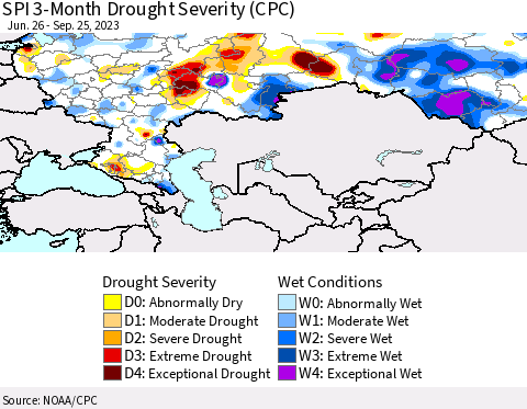 Russian Federation SPI 3-Month Drought Severity (CPC) Thematic Map For 6/26/2023 - 9/25/2023