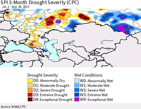 Russian Federation SPI 3-Month Drought Severity (CPC) Thematic Map For 7/1/2023 - 9/30/2023