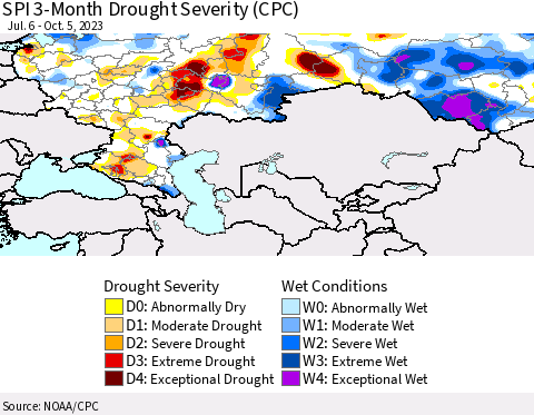 Russian Federation SPI 3-Month Drought Severity (CPC) Thematic Map For 7/6/2023 - 10/5/2023