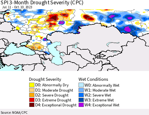 Russian Federation SPI 3-Month Drought Severity (CPC) Thematic Map For 7/11/2023 - 10/10/2023