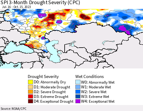 Russian Federation SPI 3-Month Drought Severity (CPC) Thematic Map For 7/16/2023 - 10/15/2023