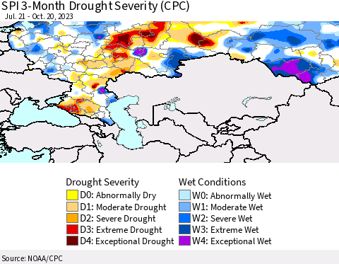 Russian Federation SPI 3-Month Drought Severity (CPC) Thematic Map For 7/21/2023 - 10/20/2023