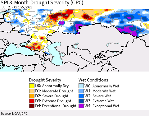 Russian Federation SPI 3-Month Drought Severity (CPC) Thematic Map For 7/26/2023 - 10/25/2023
