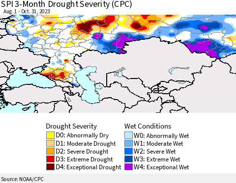 Russian Federation SPI 3-Month Drought Severity (CPC) Thematic Map For 8/1/2023 - 10/31/2023