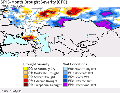 Russian Federation SPI 3-Month Drought Severity (CPC) Thematic Map For 8/6/2023 - 11/5/2023