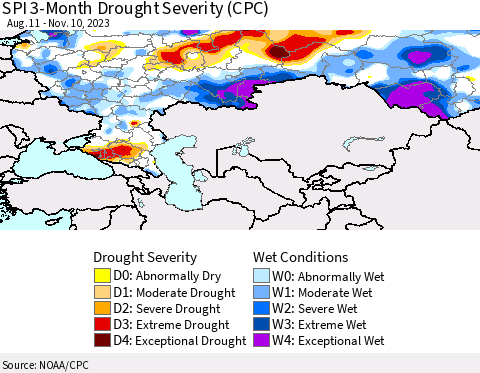 Russian Federation SPI 3-Month Drought Severity (CPC) Thematic Map For 8/11/2023 - 11/10/2023