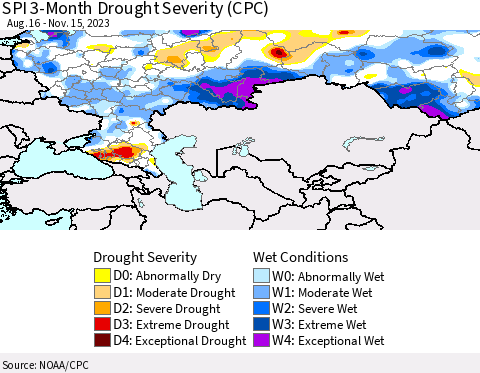 Russian Federation SPI 3-Month Drought Severity (CPC) Thematic Map For 8/16/2023 - 11/15/2023