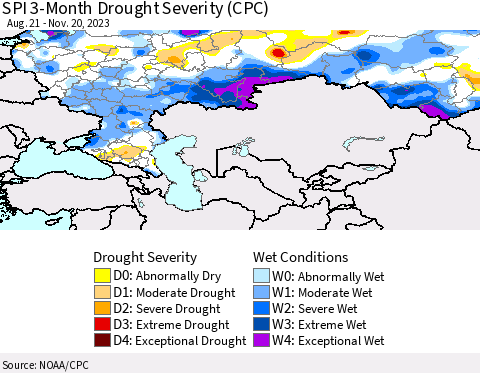 Russian Federation SPI 3-Month Drought Severity (CPC) Thematic Map For 8/21/2023 - 11/20/2023