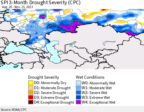 Russian Federation SPI 3-Month Drought Severity (CPC) Thematic Map For 8/26/2023 - 11/25/2023