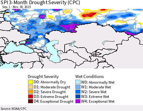 Russian Federation SPI 3-Month Drought Severity (CPC) Thematic Map For 9/1/2023 - 11/30/2023