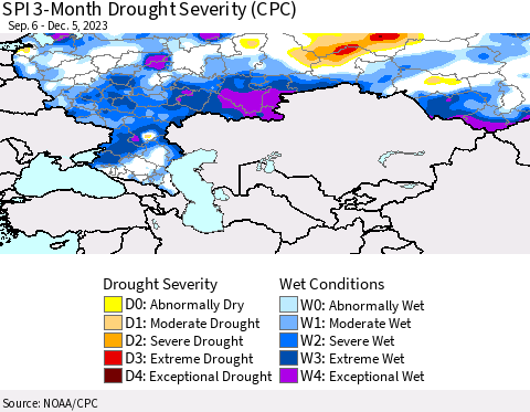 Russian Federation SPI 3-Month Drought Severity (CPC) Thematic Map For 9/6/2023 - 12/5/2023