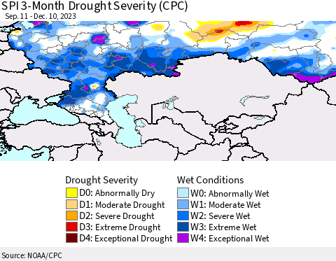 Russian Federation SPI 3-Month Drought Severity (CPC) Thematic Map For 9/11/2023 - 12/10/2023
