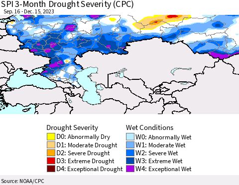 Russian Federation SPI 3-Month Drought Severity (CPC) Thematic Map For 9/16/2023 - 12/15/2023