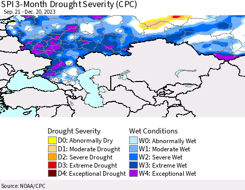 Russian Federation SPI 3-Month Drought Severity (CPC) Thematic Map For 9/21/2023 - 12/20/2023