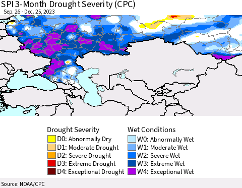 Russian Federation SPI 3-Month Drought Severity (CPC) Thematic Map For 9/26/2023 - 12/25/2023