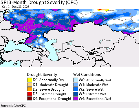 Russian Federation SPI 3-Month Drought Severity (CPC) Thematic Map For 10/1/2023 - 12/31/2023