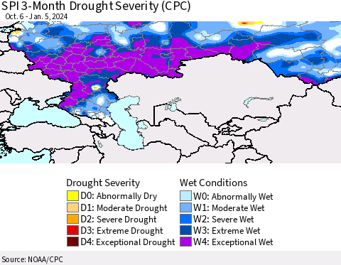 Russian Federation SPI 3-Month Drought Severity (CPC) Thematic Map For 10/6/2023 - 1/5/2024