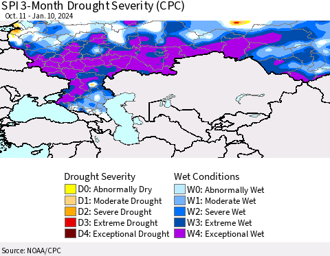 Russian Federation SPI 3-Month Drought Severity (CPC) Thematic Map For 10/11/2023 - 1/10/2024