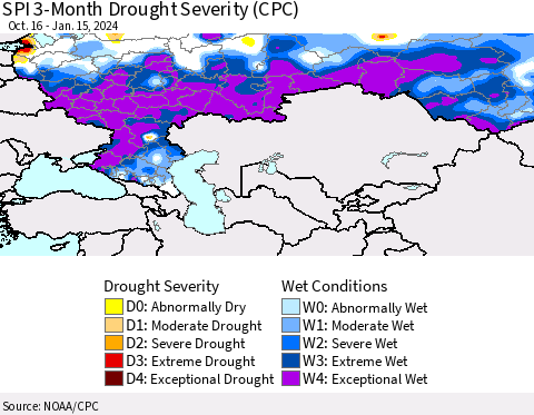 Russian Federation SPI 3-Month Drought Severity (CPC) Thematic Map For 10/16/2023 - 1/15/2024