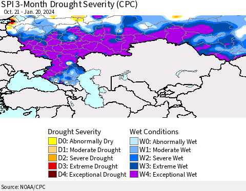 Russian Federation SPI 3-Month Drought Severity (CPC) Thematic Map For 10/21/2023 - 1/20/2024