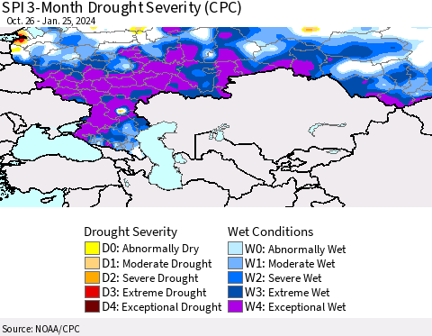 Russian Federation SPI 3-Month Drought Severity (CPC) Thematic Map For 10/26/2023 - 1/25/2024