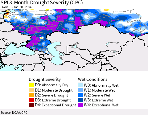 Russian Federation SPI 3-Month Drought Severity (CPC) Thematic Map For 11/1/2023 - 1/31/2024