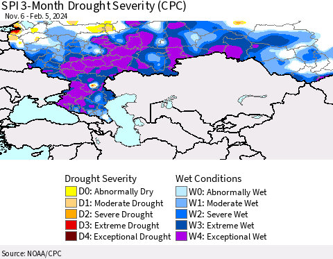 Russian Federation SPI 3-Month Drought Severity (CPC) Thematic Map For 11/6/2023 - 2/5/2024