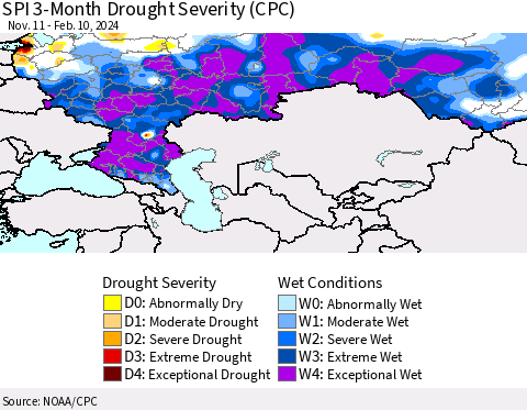 Russian Federation SPI 3-Month Drought Severity (CPC) Thematic Map For 11/11/2023 - 2/10/2024