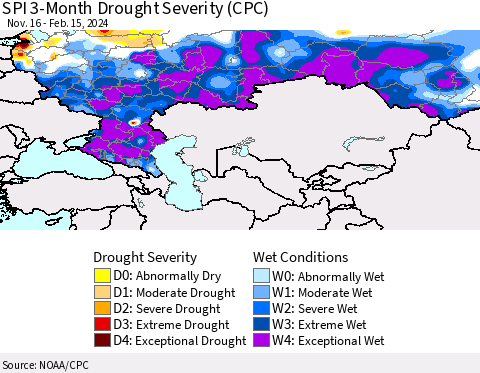 Russian Federation SPI 3-Month Drought Severity (CPC) Thematic Map For 11/16/2023 - 2/15/2024