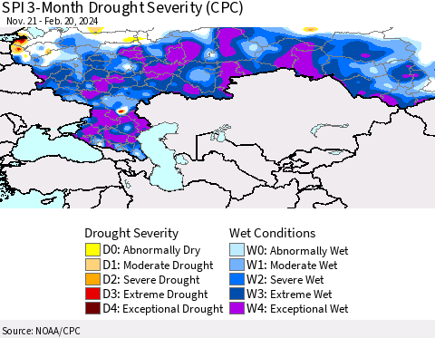 Russian Federation SPI 3-Month Drought Severity (CPC) Thematic Map For 11/21/2023 - 2/20/2024