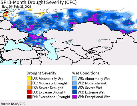 Russian Federation SPI 3-Month Drought Severity (CPC) Thematic Map For 11/26/2023 - 2/25/2024