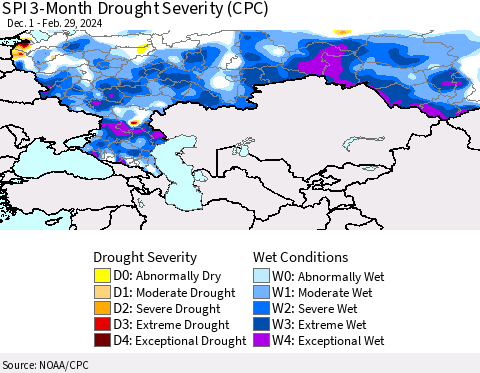 Russian Federation SPI 3-Month Drought Severity (CPC) Thematic Map For 12/1/2023 - 2/29/2024