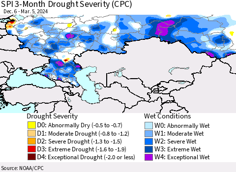 Russian Federation SPI 3-Month Drought Severity (CPC) Thematic Map For 12/6/2023 - 3/5/2024