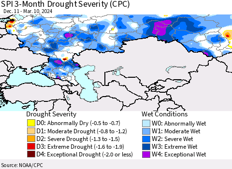 Russian Federation SPI 3-Month Drought Severity (CPC) Thematic Map For 12/11/2023 - 3/10/2024