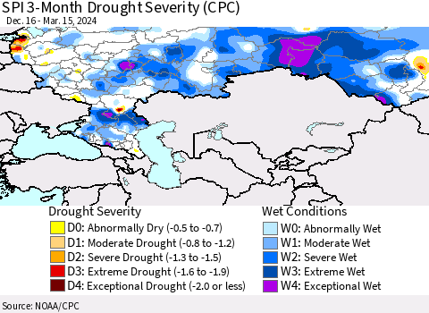Russian Federation SPI 3-Month Drought Severity (CPC) Thematic Map For 12/16/2023 - 3/15/2024