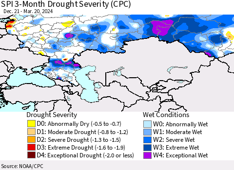 Russian Federation SPI 3-Month Drought Severity (CPC) Thematic Map For 12/21/2023 - 3/20/2024