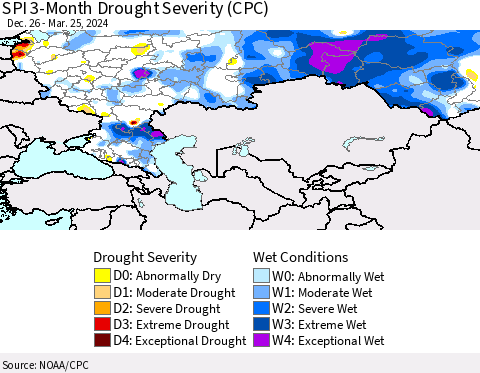 Russian Federation SPI 3-Month Drought Severity (CPC) Thematic Map For 12/26/2023 - 3/25/2024