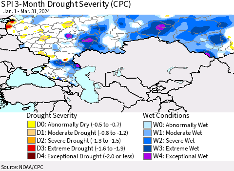 Russian Federation SPI 3-Month Drought Severity (CPC) Thematic Map For 1/1/2024 - 3/31/2024