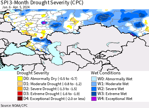 Russian Federation SPI 3-Month Drought Severity (CPC) Thematic Map For 1/6/2024 - 4/5/2024