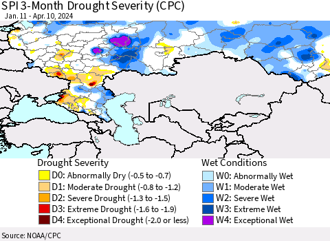 Russian Federation SPI 3-Month Drought Severity (CPC) Thematic Map For 1/11/2024 - 4/10/2024