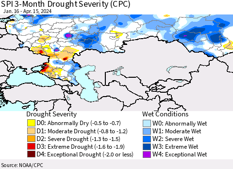 Russian Federation SPI 3-Month Drought Severity (CPC) Thematic Map For 1/16/2024 - 4/15/2024