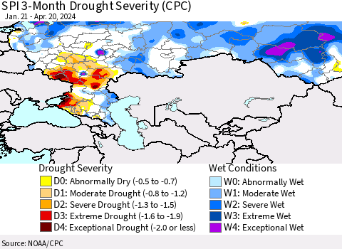 Russian Federation SPI 3-Month Drought Severity (CPC) Thematic Map For 1/21/2024 - 4/20/2024