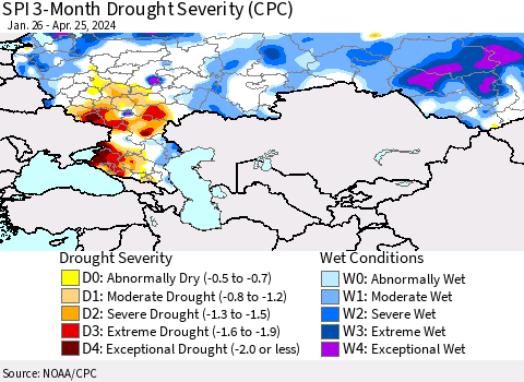 Russian Federation SPI 3-Month Drought Severity (CPC) Thematic Map For 1/26/2024 - 4/25/2024