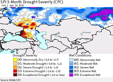 Russian Federation SPI 3-Month Drought Severity (CPC) Thematic Map For 2/1/2024 - 4/30/2024