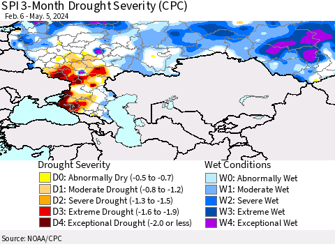 Russian Federation SPI 3-Month Drought Severity (CPC) Thematic Map For 2/6/2024 - 5/5/2024