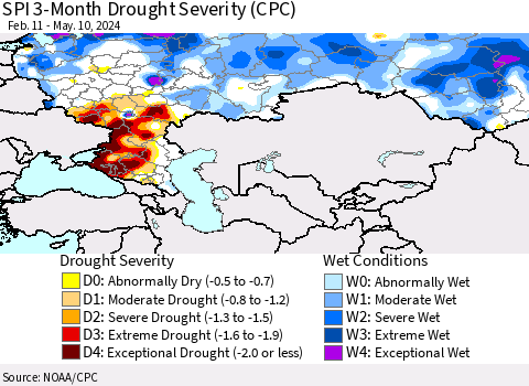 Russian Federation SPI 3-Month Drought Severity (CPC) Thematic Map For 2/11/2024 - 5/10/2024