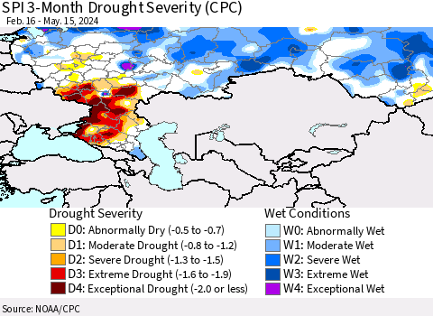 Russian Federation SPI 3-Month Drought Severity (CPC) Thematic Map For 2/16/2024 - 5/15/2024