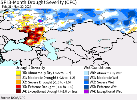 Russian Federation SPI 3-Month Drought Severity (CPC) Thematic Map For 2/21/2024 - 5/20/2024